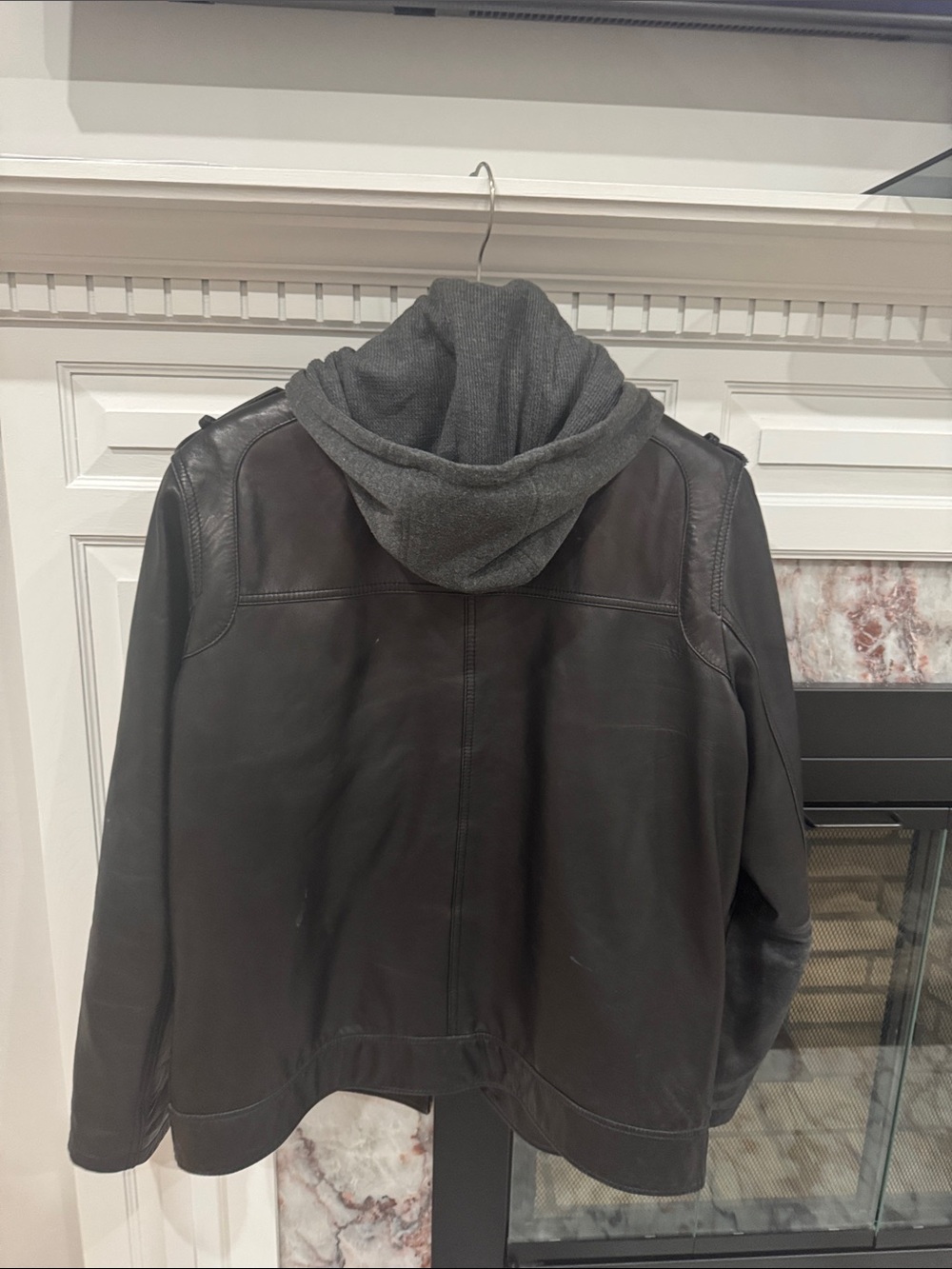 GUESS Black Leather Military-Style Jacket with Gray Knit Hood - Picture 3 of 6